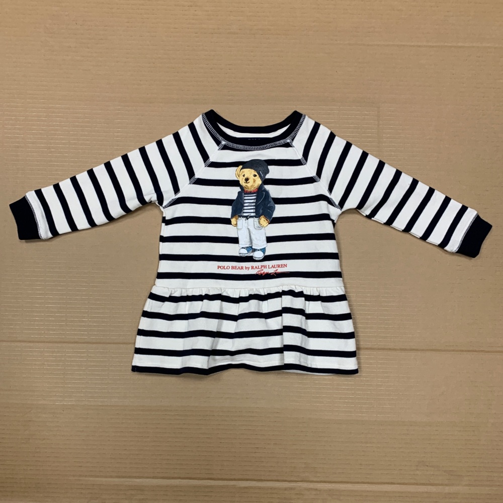 RALPH LAUREN Little Girl’s POLO BEAR Navy Striped Fleece Dress SZ 2T.